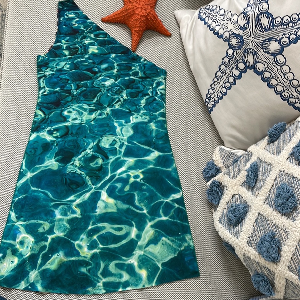 AnimaPop One shoulder reversible dress scuba fish water sz Small